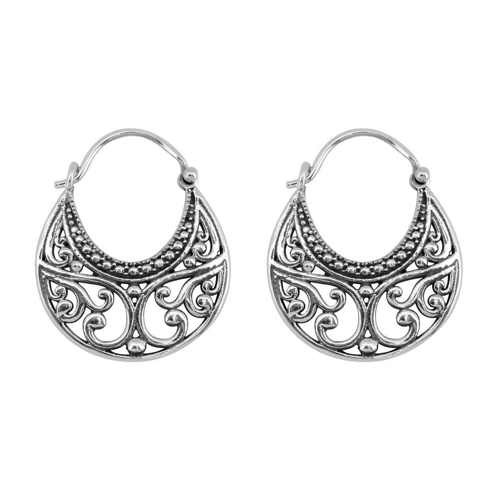 Crescent Moon Hoop Earrings | 925 Sterling Silver Floral Openwork
